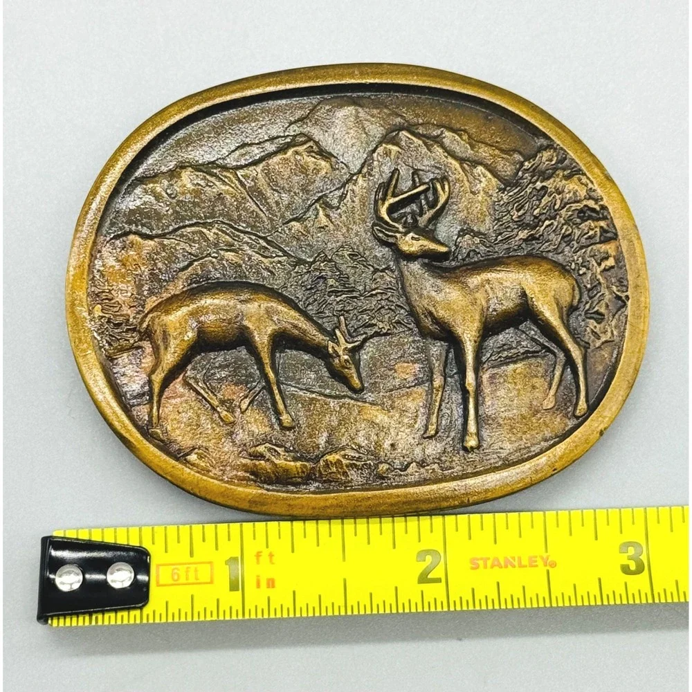 Indiana Metal Craft Belt Buckle Gold Brass Deer Buck Mountain Scene Vintage E97